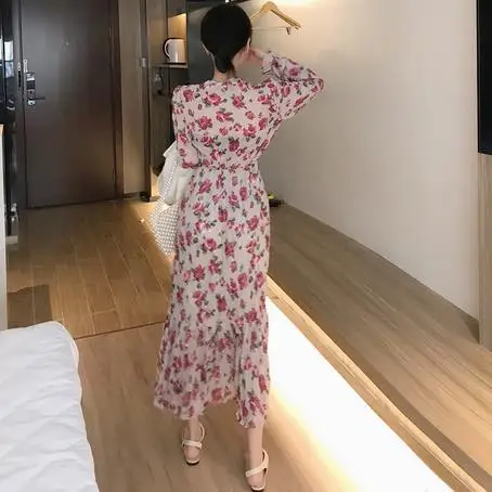 Pink Print Floral Casual Waist-Controlled Loose Long Sleeves Summer Sweet Simple Women All-Match Ankle Length Dress AE672 | Женская