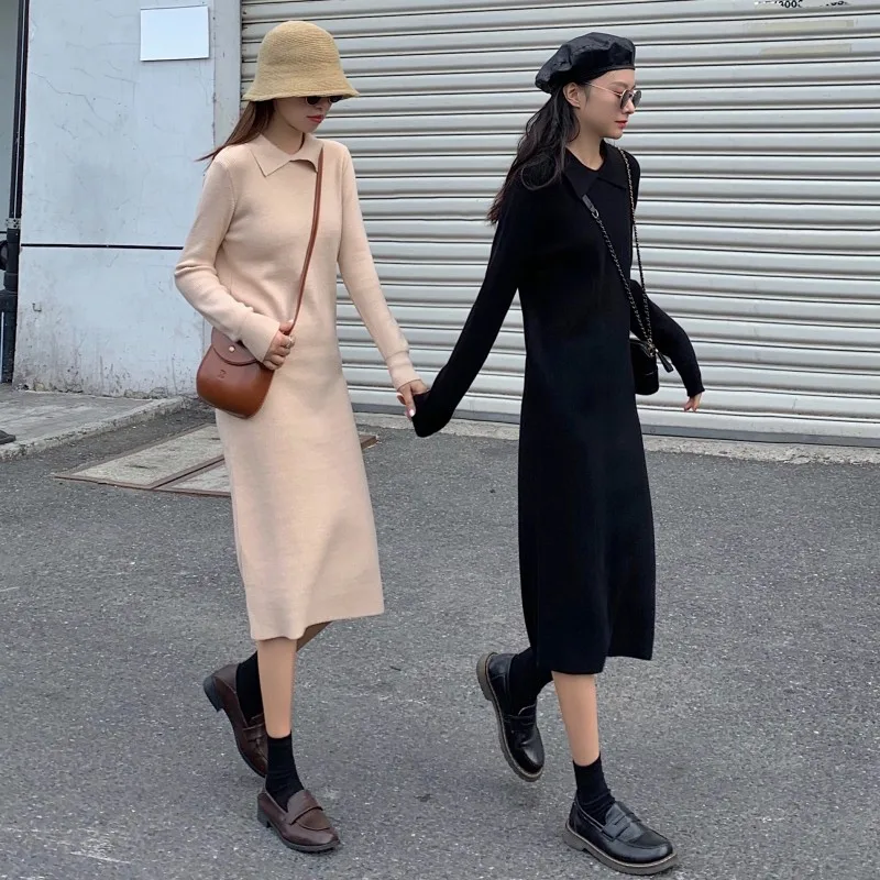 

Women's Knitted Cotton 2019 Winter Sweater dress Over Knee Padded Loose Thin Skinny Long Knit Dress Female