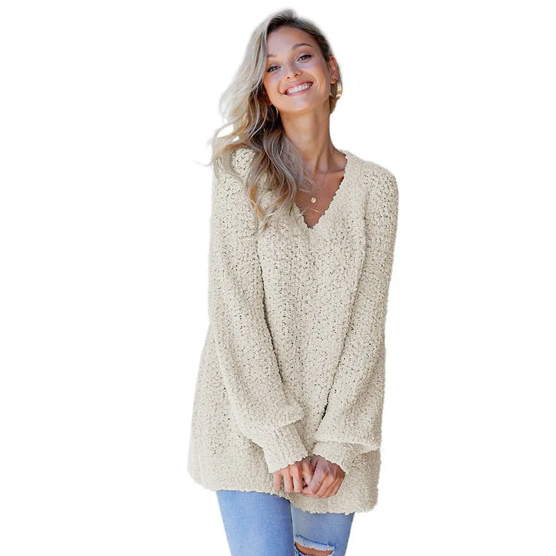 SEBOWEL Casual Solid Color Woman Sweater V-neck Long Sleeve Popcorn Knit Sweaters Female Warm Autumn Winter Ladies Tops Clothes | Женская