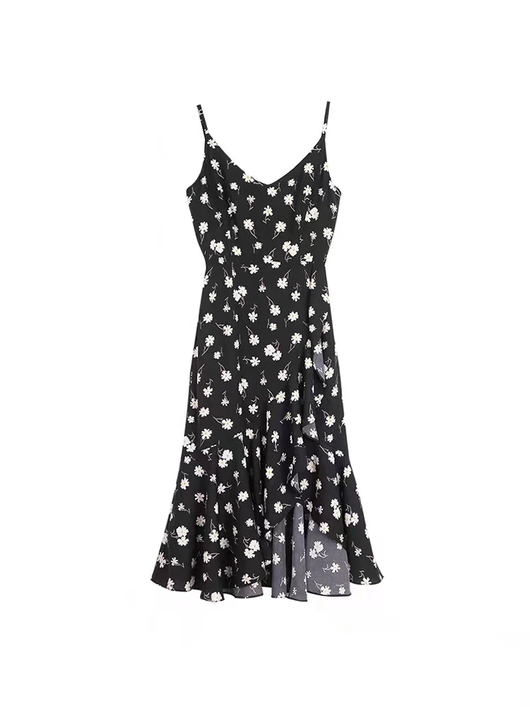 

England Style Daisy Flower Spaghetti Strap Black Dress Travel Beach Date Sexy Deep V Backless Ruffle Prairie Chic Dresses