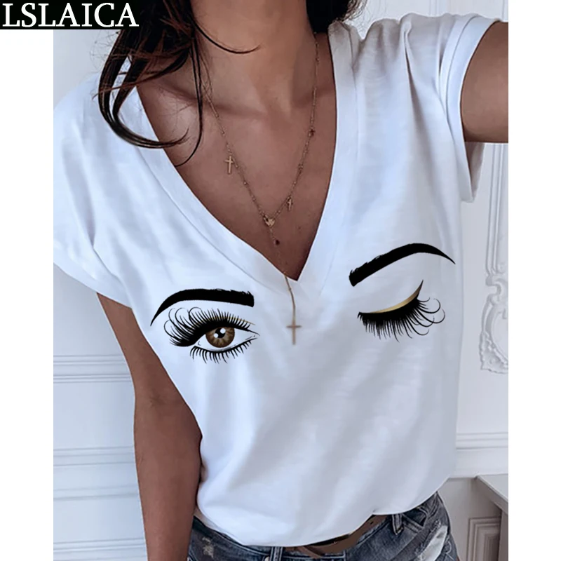 Tops women short sleeve white Deep V-neck eye print knitted causal t shirt loose clothing fashion office summer koszulka | Женская