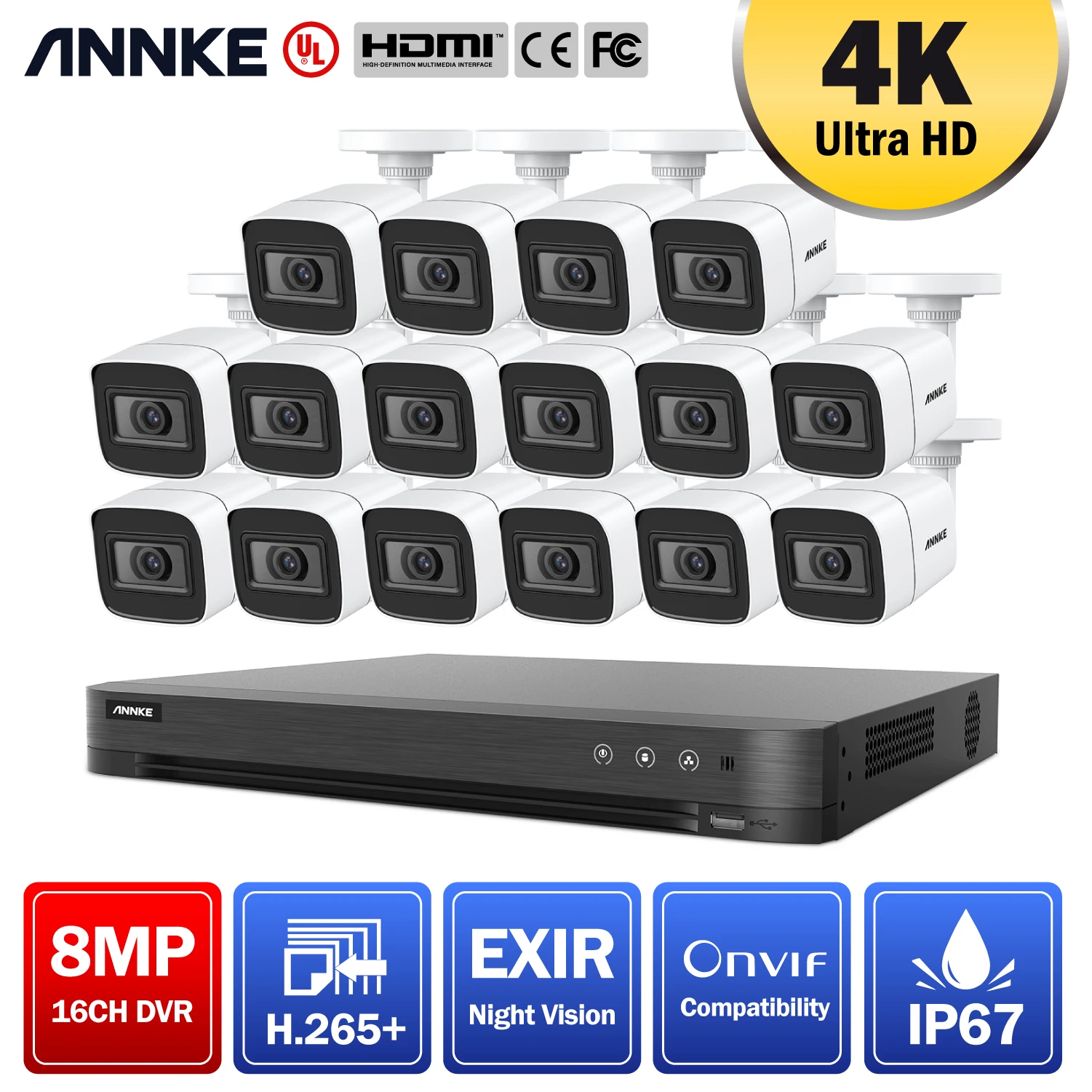 

ANNKE 4K Ultra HD Video Security System 16CH 8MP H.265+ DVR With 16PCS 8MP Outdoor Weatherproof Surveillance Cameras CCTV Kits