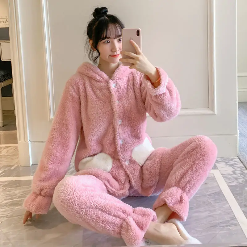 Зимний пижамный комплект для женщин фланелевый толстый теплый топ и штаны