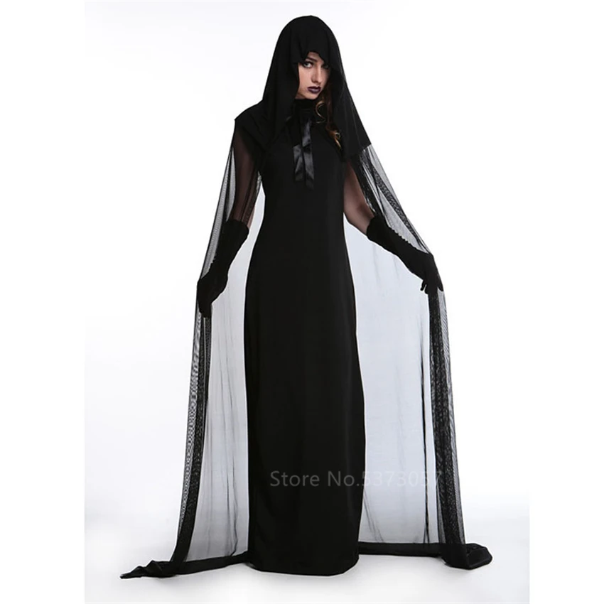 Vampire Day of The Dead Witch Gothic Bride Scary Costume Women Halloween Dress Carnival Party Horror Devil Spooky Fancy Cloak