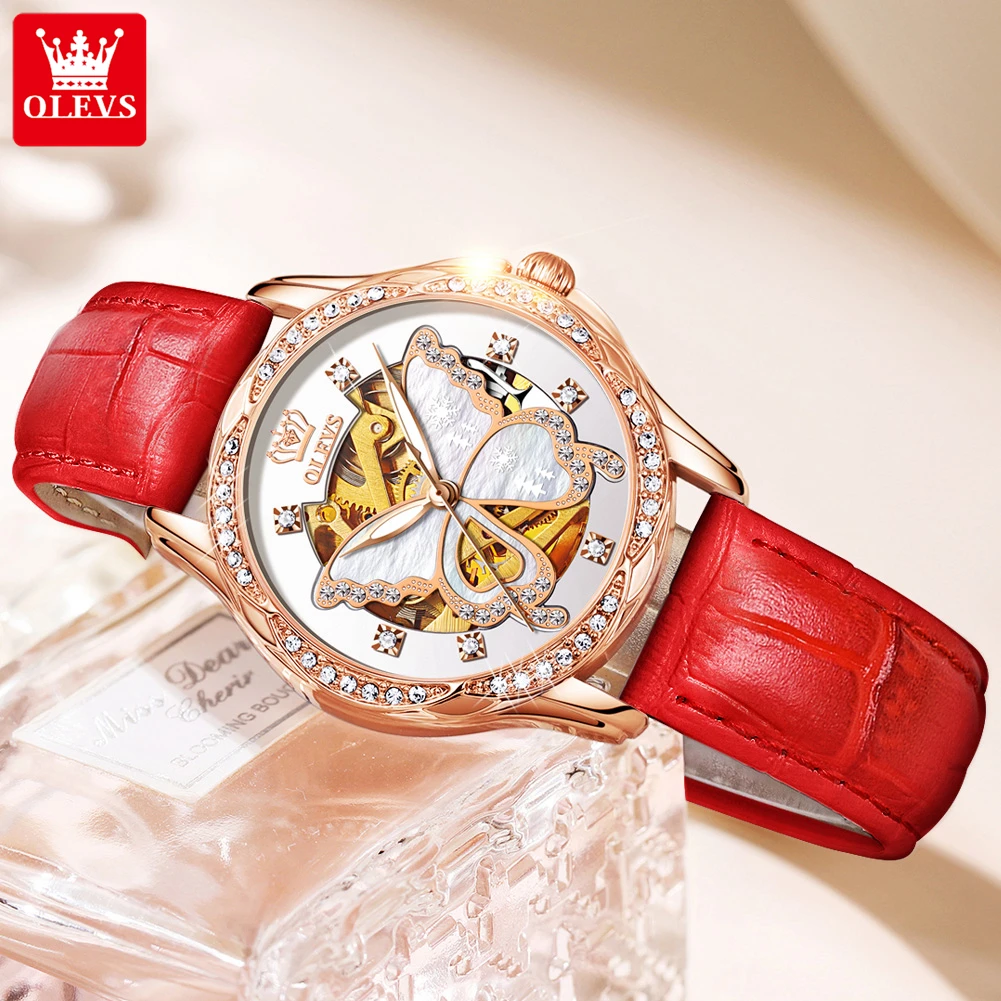 

video! OLVES Hollow flying white butterfly Rose gold leather bracelet Fashion Woman Gift Mechanical watch