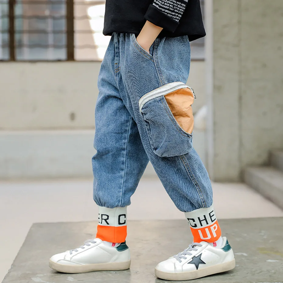 Джинсы для мальчиков детские джинсы в стиле пэчворк с эластичной резинкой на