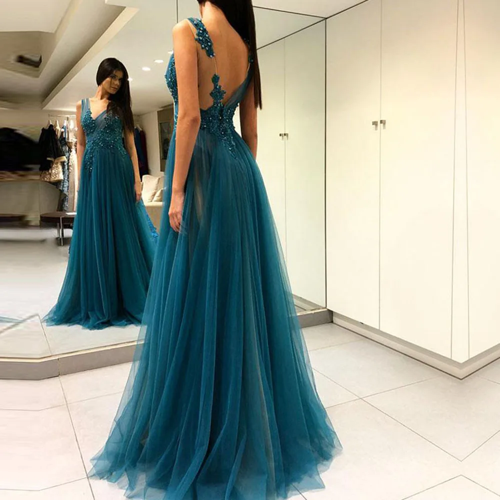 

Women Prom Dress Long Tulle Side Slit A Line Teal Backless Prom Dresses with Appliques Female Beaded Formal Gown Robe De Soiree
