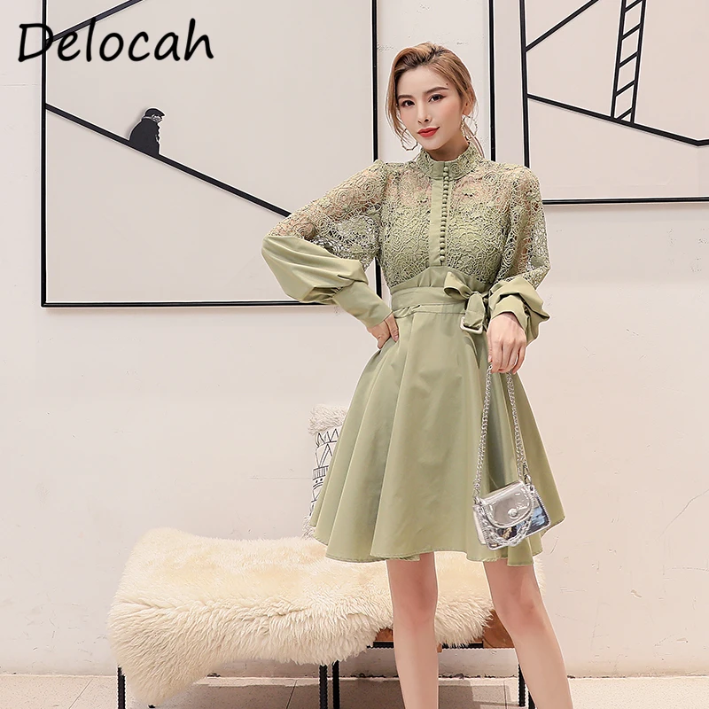 

Delocah новые 2021 летние женские модные взлетно-посадочной полосы вечерние платье трапециевидной формы с рукавами-фонариками и поясом с бантом,...