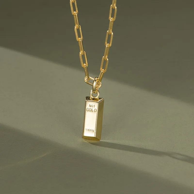 

925 Sterling Silver Square Gold Brick Shape Pendant Necklace For Women Minimalist Jewelry Clavicle Chain Silver 925 Necklaces