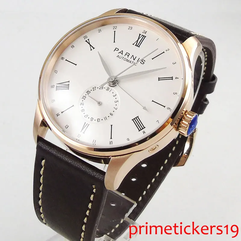 

White dial new arrival 42mm PARNIS rose golden case 24 hours date automatic movement mens watch