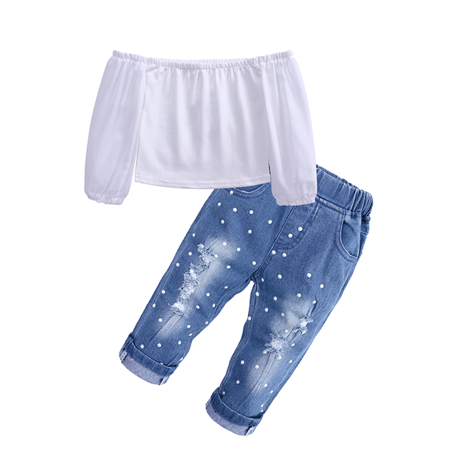 

Летний повседневный костюм из 2 предметов для маленьких девочек, рваные джинсы с точечным принтом и карманами, однотонный пуловер с открытыми плечами и длинными рукавами, топы