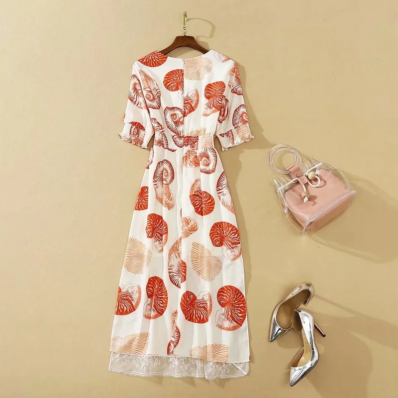 

2020 Autumn Fashion Bodycon Dress High Quality Women Seashell Print Lace Patchwork Half Sleeve Midi Party Elegant Dress Noble