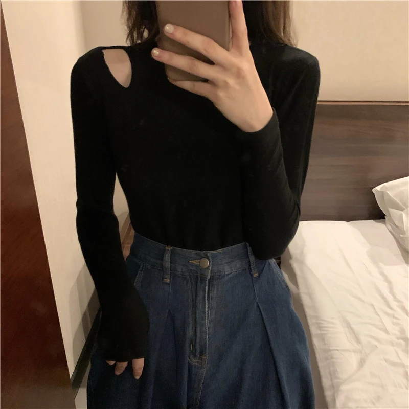 

Shintimes Thin Korean Fashion Sexy Slim Hole Sweater Women Long Sleeve Fall Tops 2020 Knitted Pullover Woman Clothes Pull Femme