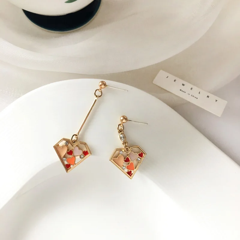 

High Street Asymmetry Hollow Alloy Love Heart Pendant Earrings for Women Girls Enamel Colorful Heart Earrings Accessories