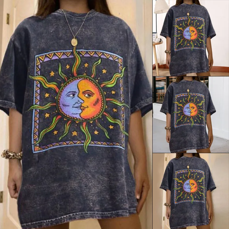 

Plus Size S-3XL New Sun Print T Shirt Women Shirts O Neck Short Sleeve Tees Summer T-Shirt Blue Tops Oversized Tshirt Women