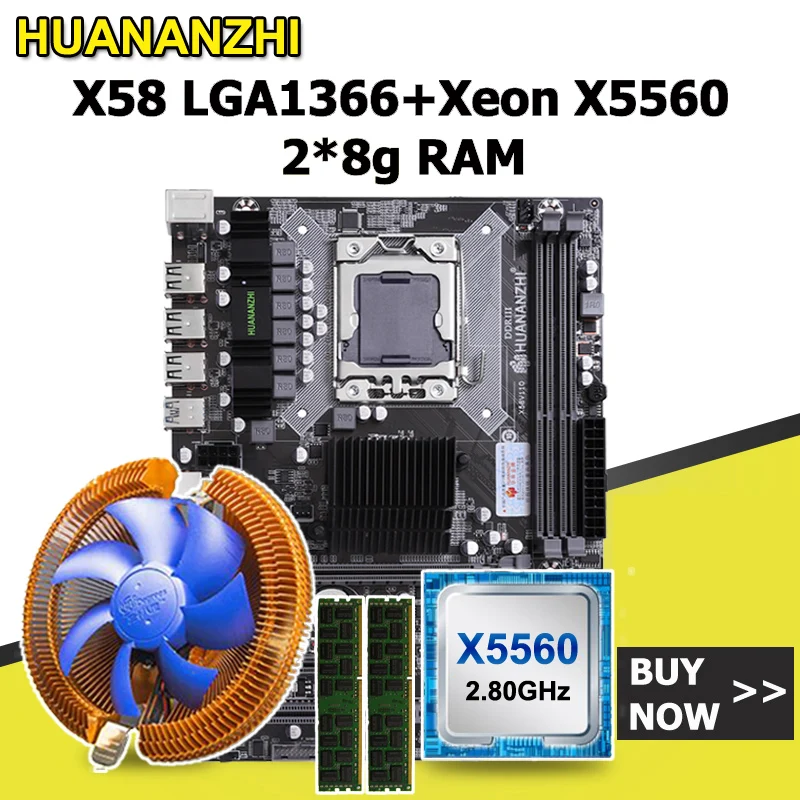 HUANANZHI-Paquete de placa base X58 LGA1366, CPU, Enfriador de RAM, Xeon X5560, Memoria 16G(2x8G), DDR3, REG, ECC, todos probados antes del envío