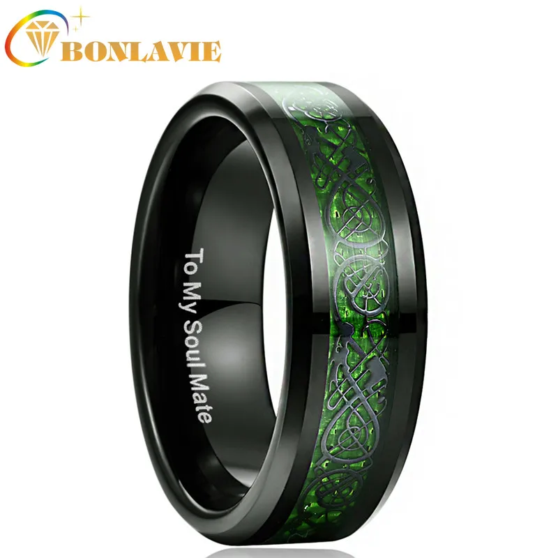 

BONLAVIE 8mm Carbon Fiber Green Zircon Ring Dragon Pattern Tungsten Carbide Rings Green Color Wedding Bands Male Jewelry