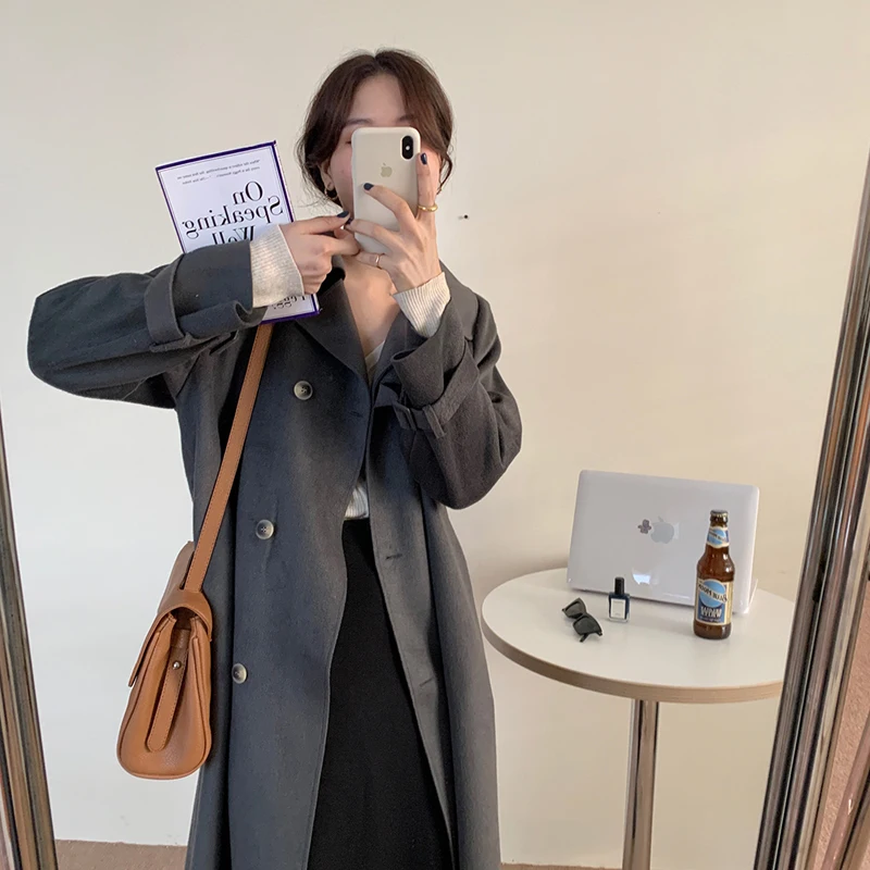 

Alien Kitty Retro Blends Women Woolen Coats Double Breasted Winter Vintage Elegant Loose Solid Female Chic Casual Long Clothe