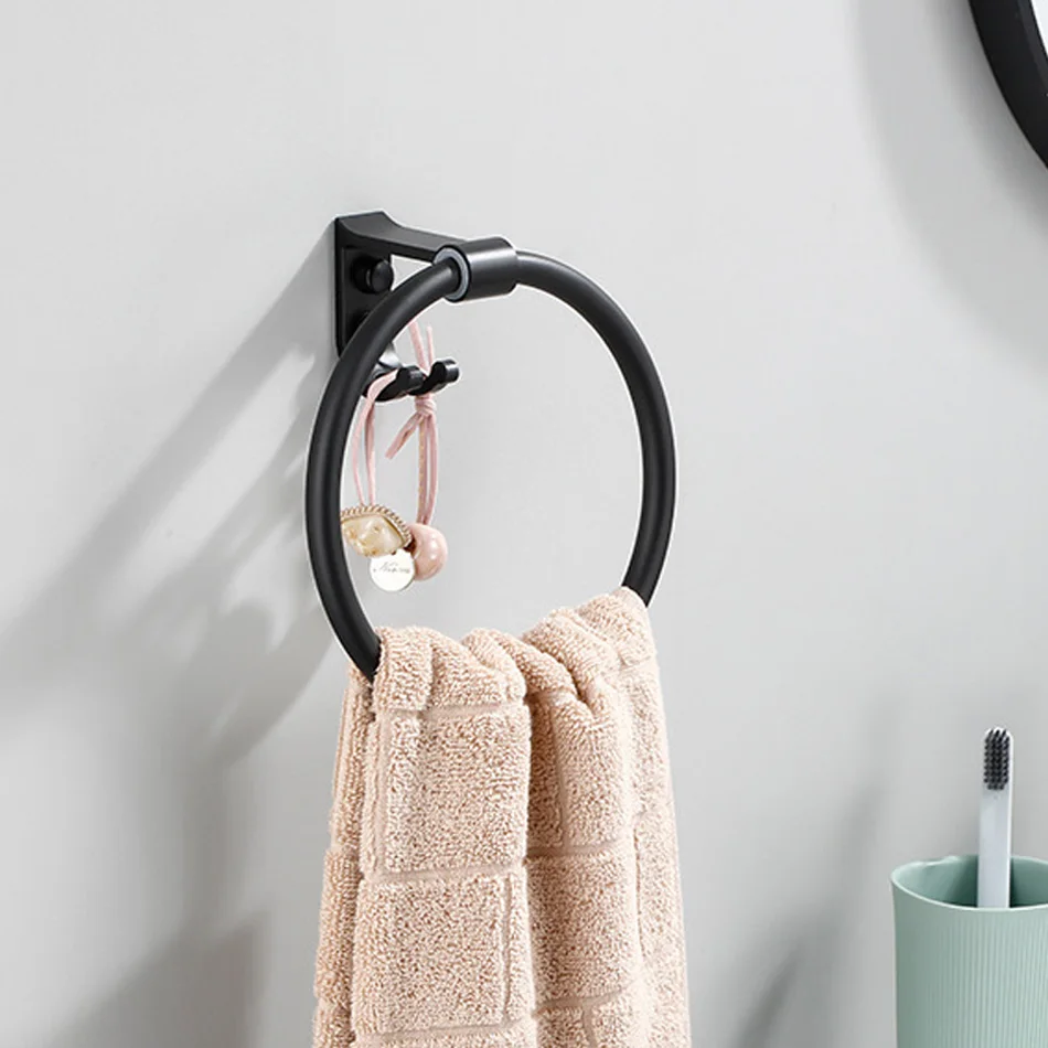 

Black Towel Ring Vintage Space Aluminum Wall Mounted Bathroom Towel Holders with Coat Hook Hanger for Kitchen Bath Accessories