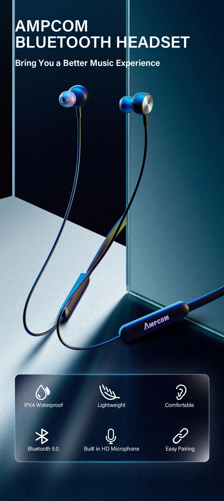 AMPCOM Bluetooth наушники беспроводные Bluetooth 5,0 спортивные наушники стерео наушники с зарядным устройством для iPhone Xiaomi