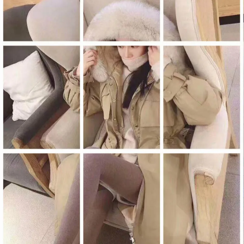 

2019 new over the knee thickening waist fox big fur collar temperament hooded white duck down ladies coat