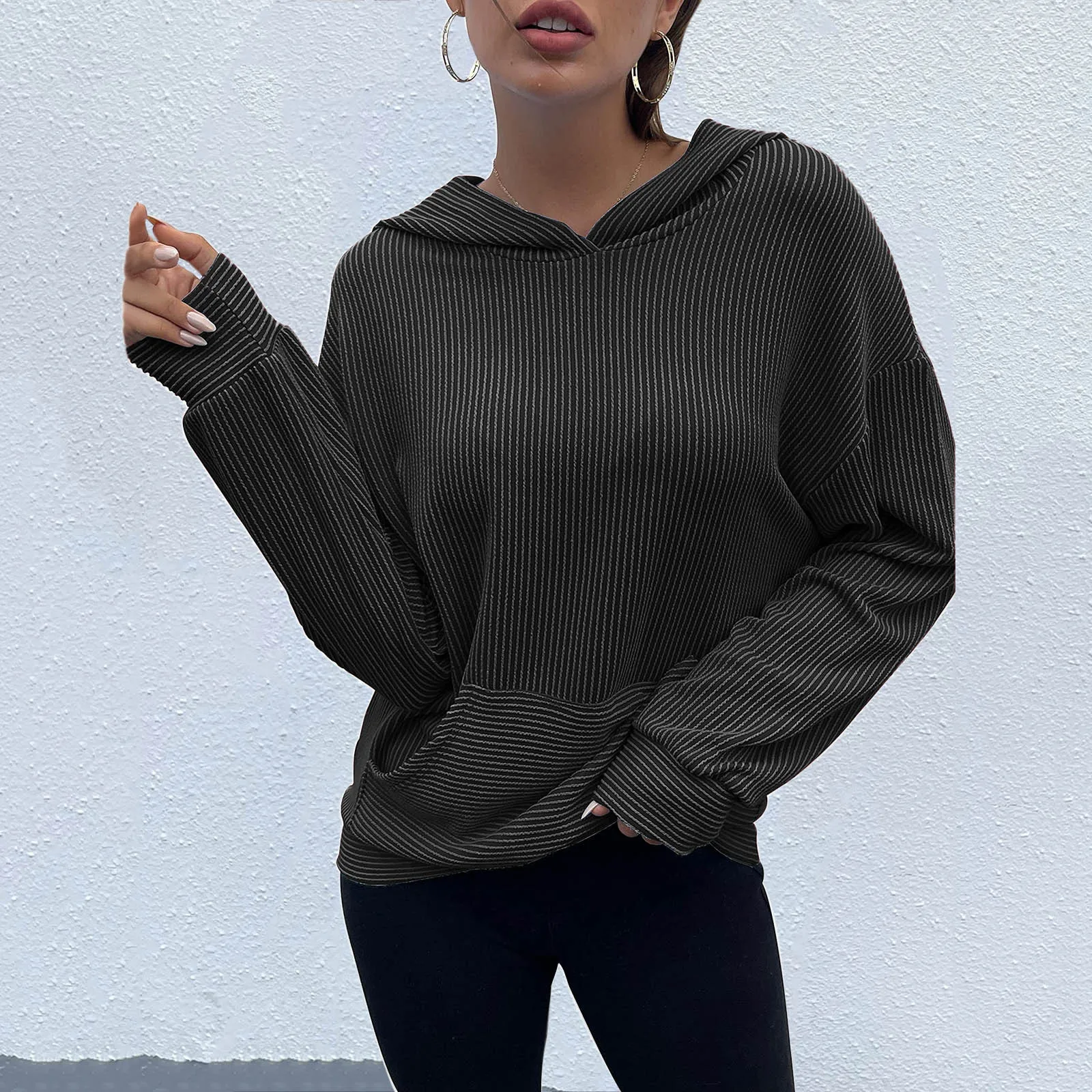 

Women’s Casual Solid Color Long Sleeve Ribbed Pullover Hoodie Sweatshirt Tops With Pockets Y2k De Frio Feminina Свитер Женский