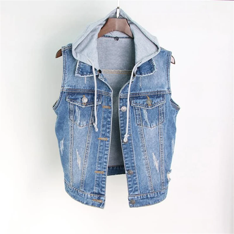 

Woman Removable Hooded Denim Waistcoat Lady Vaquero Chaleco Gilet Spring Hot Sale Denim Vests Female Autumn Hot Sale Denim Vest