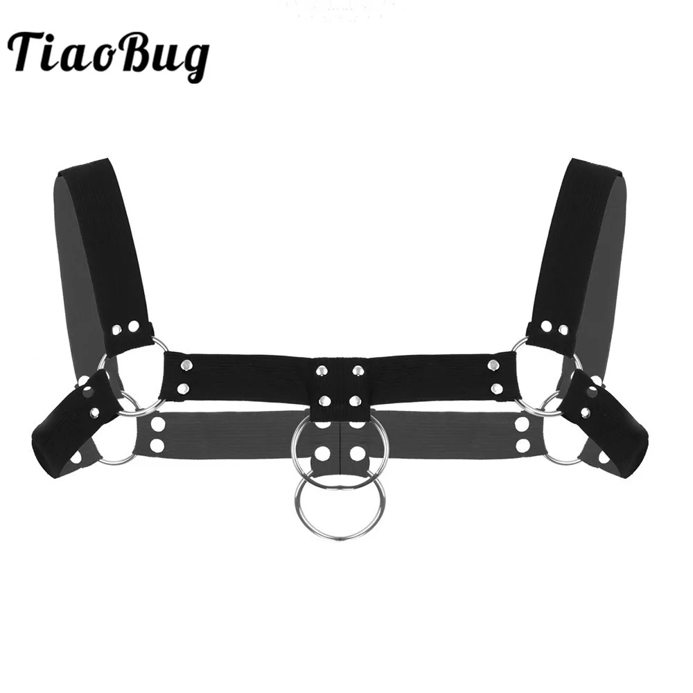 

Men's Elastic Wide Shoulder Chest Muscle Harness Belts with Metal O-rings and Rivets Straps Tops Nightclub Party Rave Costume