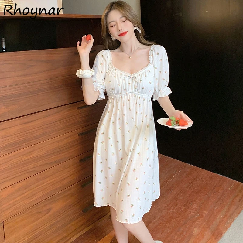 

Nightgowns Women Summer Korean Style Tender Sweet Floral Puff Short Sleeve Plus Size M-3XL Cozy Sleepwear Leisure Lovely Cute