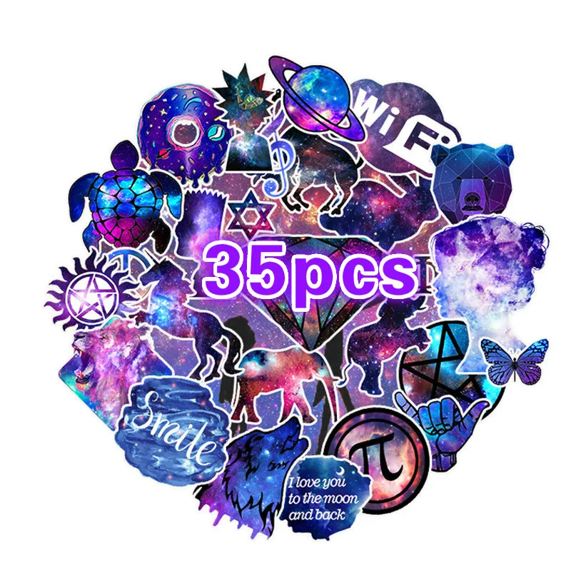 

35Pcs Starry Sky PVC Cartoon Graffiti Cute Sticker Toys for Children Laptop Decals Skateboard Waterproof Purple Stickers Pack