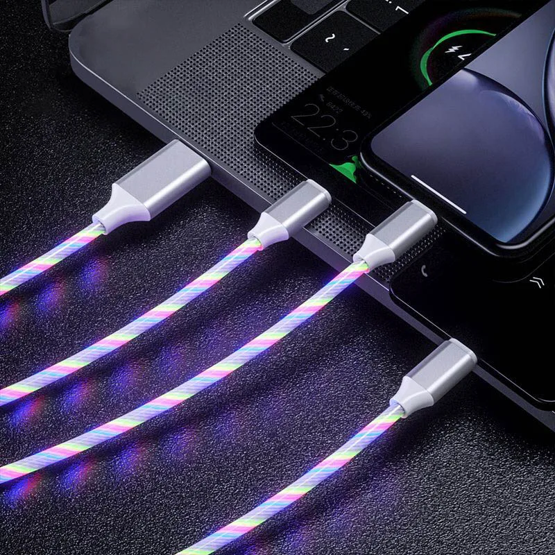 tongdaytech 3 in 1 usb fast charger flowing colors led glow usb cable quick charge carregador portatil for iphone xiaomi samsung free global shipping