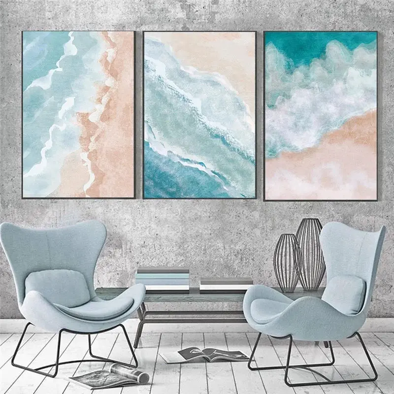 

Abstract Beach Sea Wave Landscape Canvas Painting Blue Watercolor Wall Art Posters and Prints Nordic for Living Room Home Decor