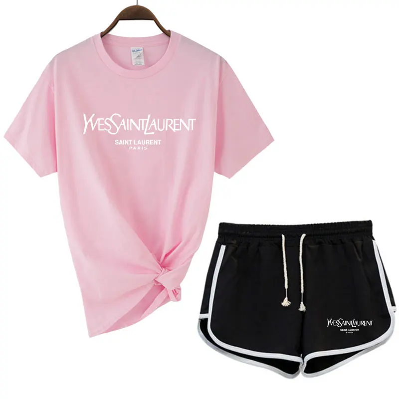 

2021 Hot Sale Summer Best Quality Brand Womens Tops + Lace-up Shorts Two-piece Letter Printed T-shirts Shorts Ladies Harajuku C