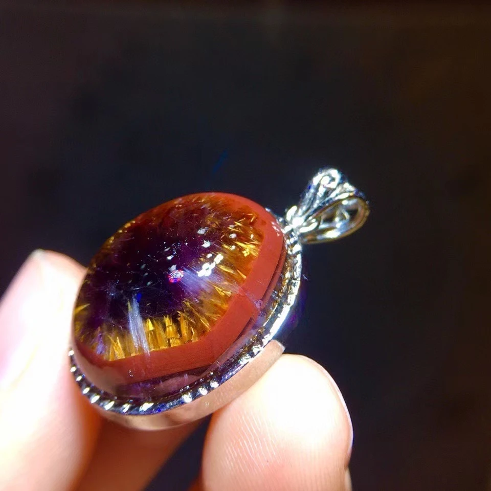 

Genuine Natural Cacoxenite Auralite 23 Oval Pendant Purple Red Women Men 22.3/17.4/10.2mm Canada Crystal Jewelry AAAAA