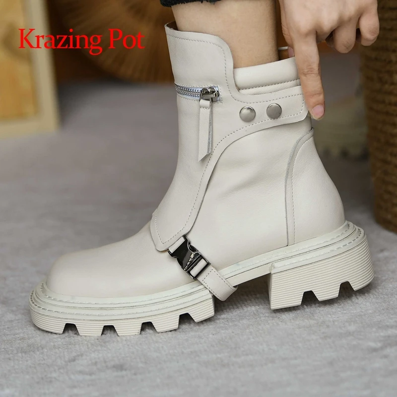 

Krazing pot genuine leather round toe med heel winter boots young lady streetwear fashion classic colors zipper ankle boots L04