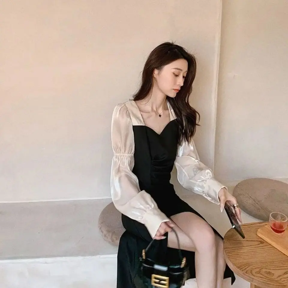 

2021 spring women's new FAIRY DRESS French super fairy Retro Mid long split skirt summer