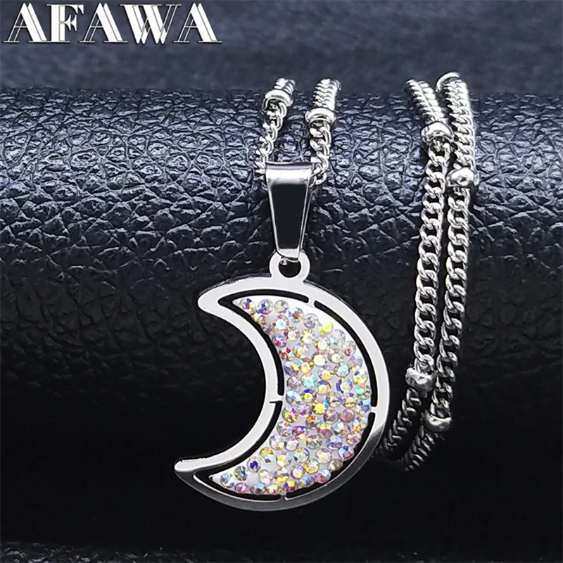 

Stainless Steel White Crystal Small Moon Necklace Charm Women Silver Color Necklaces Jewelry collares de cristal N8045S01