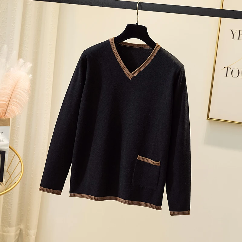 Женский трикотажный пуловер с V-образным вырезом и длинным рукавом - купить по