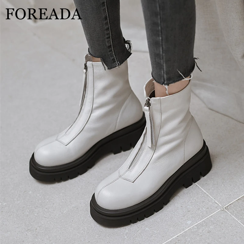 

FOREADA Real Leather Woman Boots Ankle Boots Zipper High Heel Short Boots Platform Chunky Heel Female Shoes Autumn Winter White