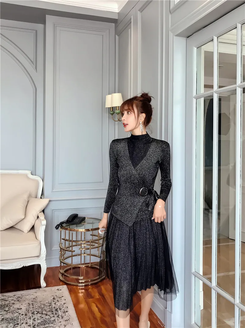 ALPHALMODA модный костюм платье осеннее платье тонкий свитер с длинными рукавами+ Сетчатое платье Элегантный комплект из 2 предметов