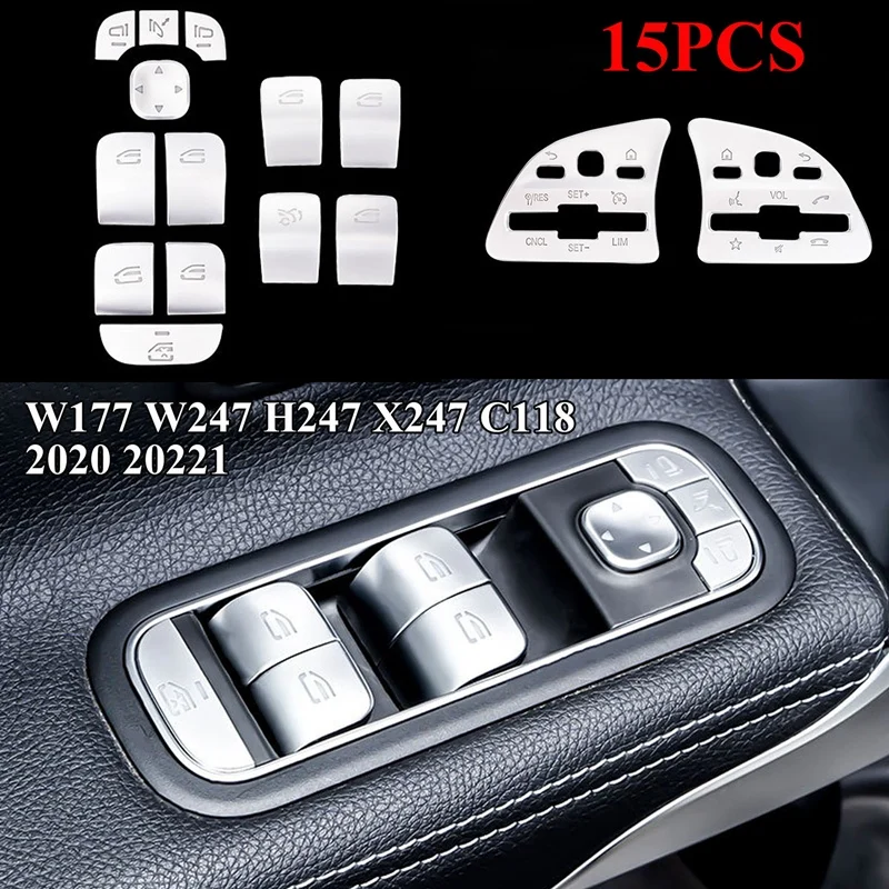 

15PCS Car Window Glass Lift Button Sticker Steering Wheel Button Cover for Benz a B GLA GLB CLA Class W177 W247 C118