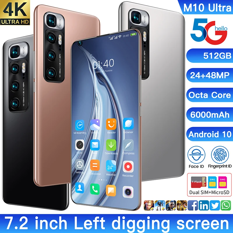 

M10 Ultra Left Digging Screen 8GB RAM 128GB ROM Andriod Smart Phone 6.8 Inch 24+48MP Octa Core 6000mAh 5G Network Cell Phones