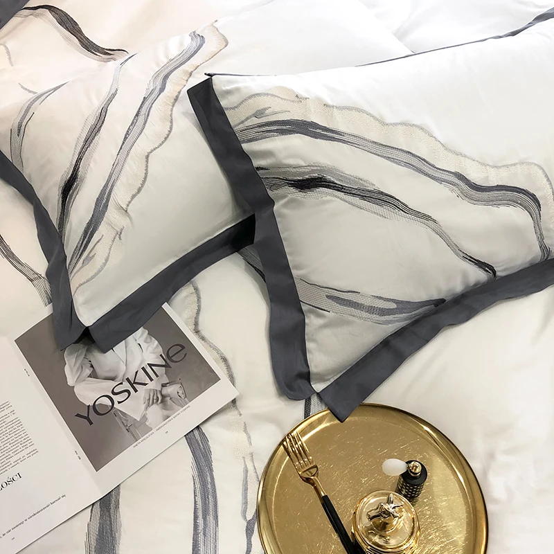 

Luxury White/Gray 600TC Egyptian Cotton Embroidery Bedding Set Marbling Duvet Cover Flat/Fitted Sheet Pillowcases Home Textiles