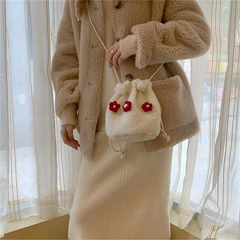 

Drawstring Bags Women Lambswool Flower Bucket Girls Kawaii Lovely Autumn Winter Korean Style All-match Shoulder Bags Ulzzang New