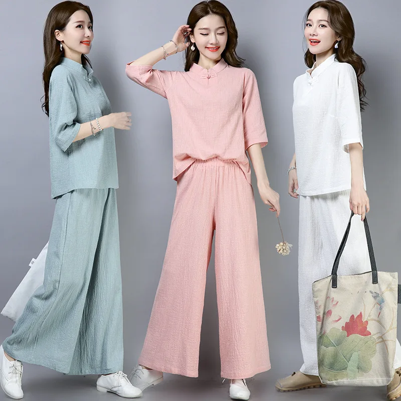 

Yoga Set Linen Women Tai Chi Meditation Set Loose Chinese Traditational Sweatshirt+pant Jogger Fitness Workout Casual Kungfu Set