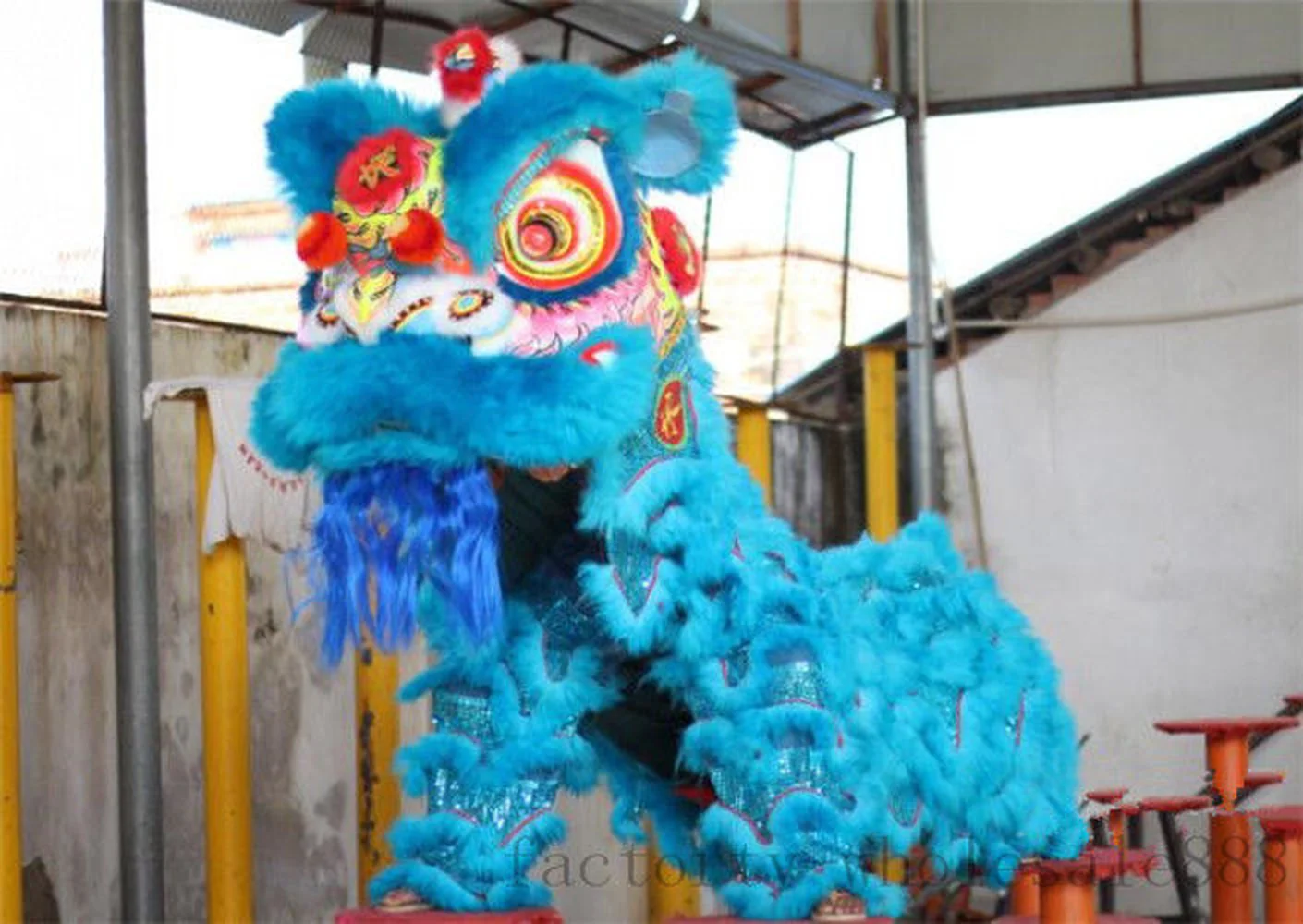 Китайский народный художественный костюм талисмана льва для танцев синяя шерсть