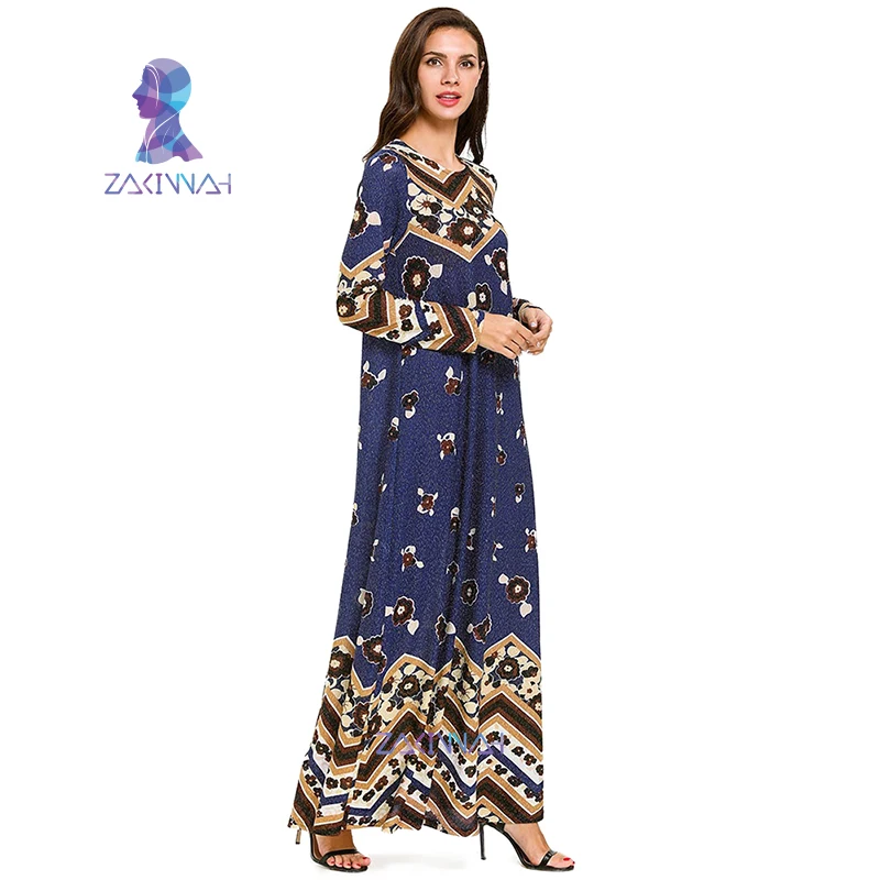 7706 размера плюс печатное с длинным рукавом тонкое волнистое платье абайя Дубай