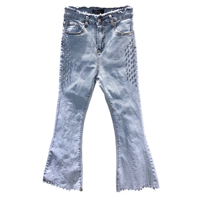 

Diamond Beads Micro Trumpet Jeans Women's 2020 Spring and Summer New Slim Fit Light Blue Denim Pants Fashion Ladies Jeans