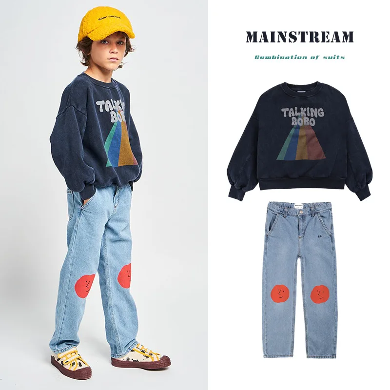 

Детский свитер 2021 осень Instagram корейский для мальчиков плюс бархатная теплая Толстовка Пуловер джинсовый костюм