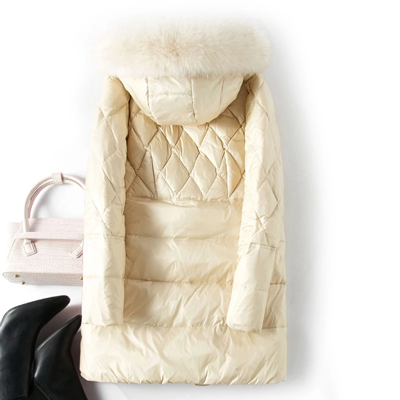 Женский зимний пуховик с капюшоном розовая длинная парка натуральным лисьим